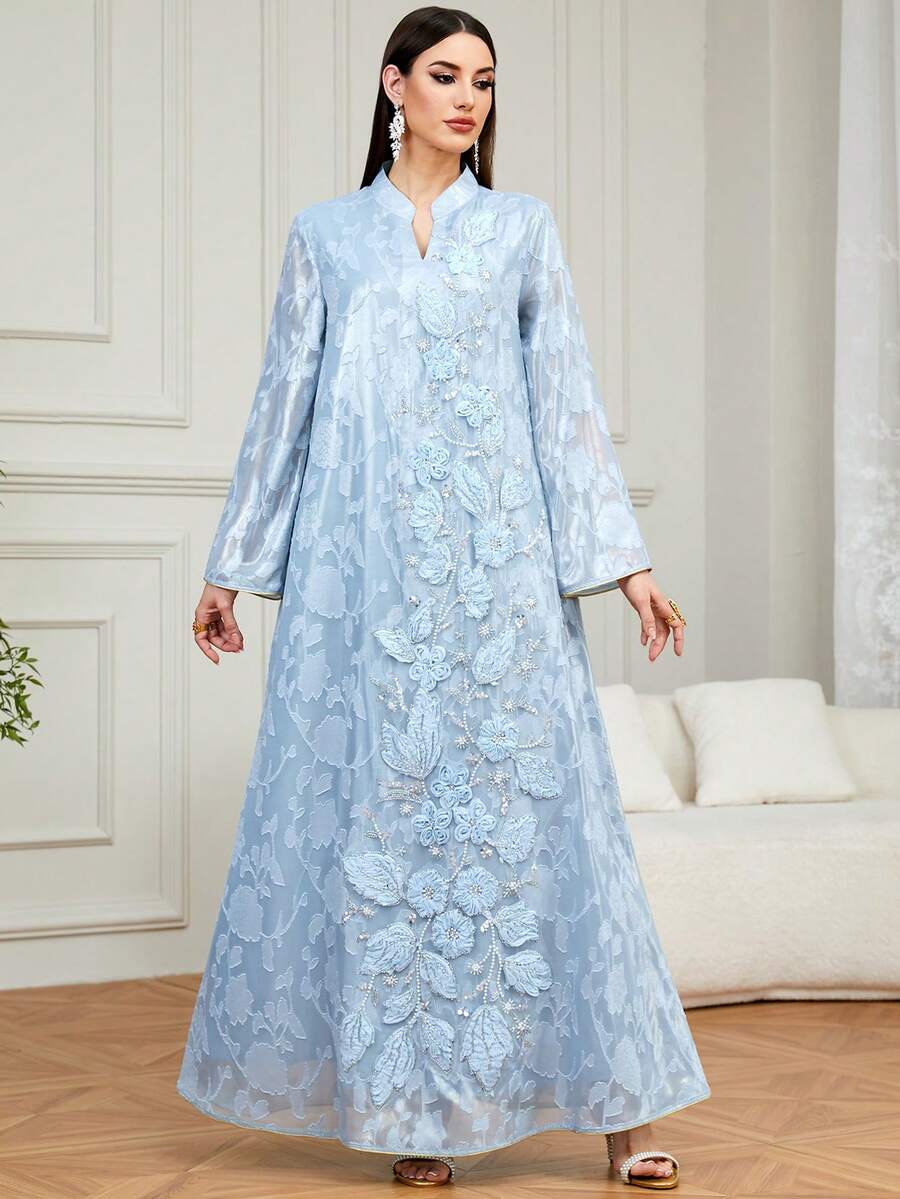 Áo choàng Kaftan thanh lịch dành cho nữ, cổ chữ V, thêu và đính cườm, kiểu Jalabiya dài, thích hợp cho tiệc tùng, hẹn hò, mặc hàng ngày và nghỉ lễ Eid ở nhà vào mùa xuân. - Màu xanh lam - Xem 1