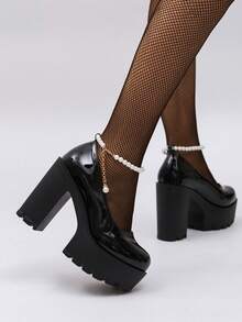 Novos Saltos Altos de Couro Envernizado com Decoração de Corrente de Pérolas para Mulheres, Saltos Elevados Doces e Punk, Adequados para Uso Diário, Festa, Punk, Banquete - Preto - Visão 6