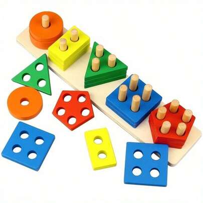Wooden Stacking Toy - Colorful Stacking Blocks, Shape Sorting Tower, For Shape Recognition And Motor Skill Training, Educational Building Blocks
