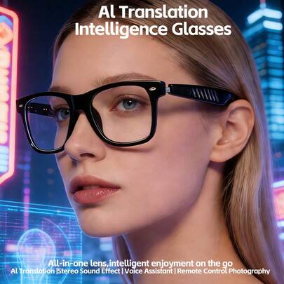  SENBONO AI翻译智能眼镜，多功能音频眼镜，内置麦克风和扬声器，支持音量控制、音乐播放和免提通话，适合骑行、旅行等场合。