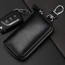 Men's Casual Faux Leather Key Chain Holder, Black, Multifunctional Car Key Fob With Zipper, High-Quality Faux Leather Material, Durable And Fashionable, Suitable For Daily Commute - Multicolor - View 2