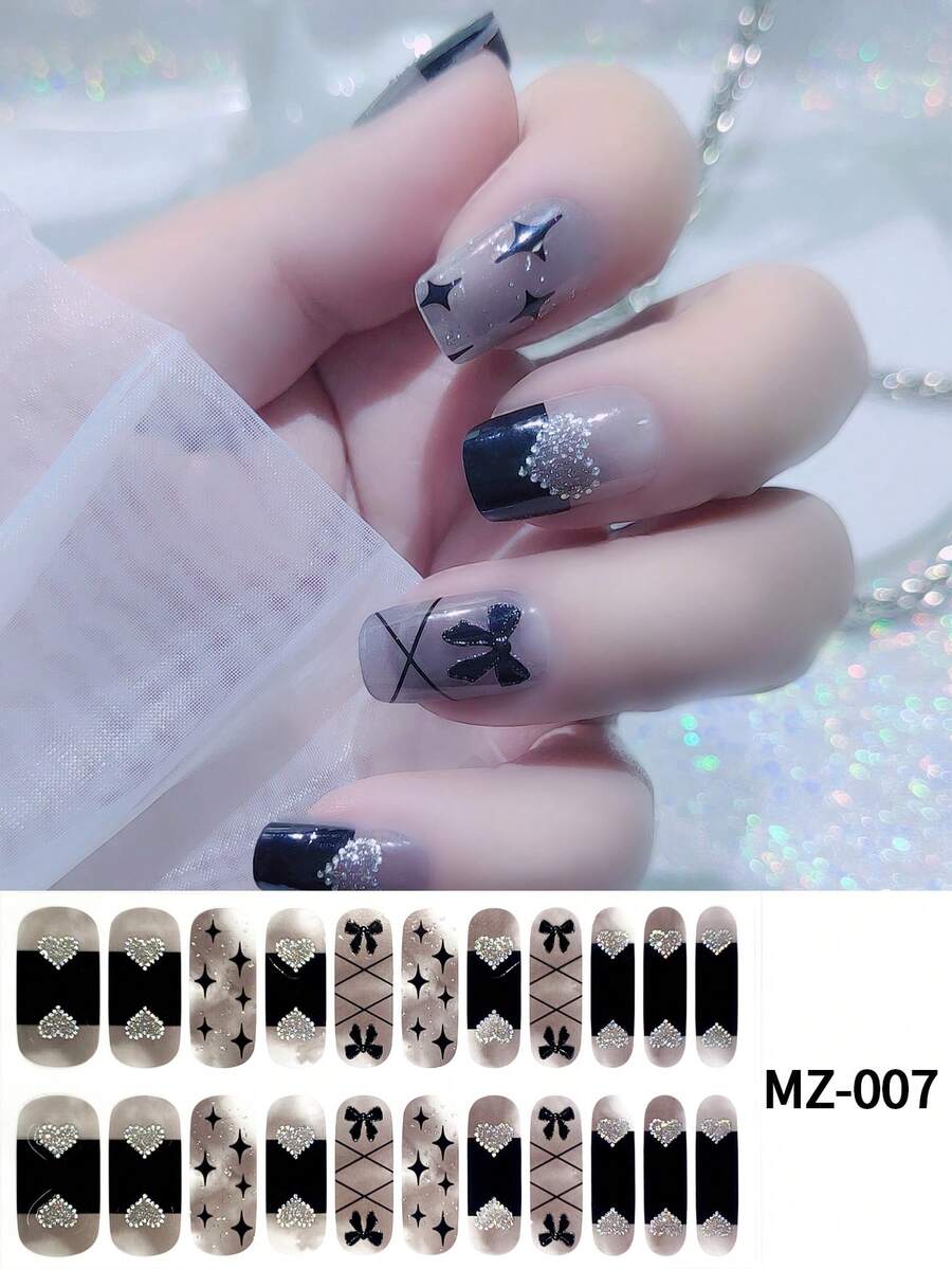 1张14片自粘凝胶指甲油贴纸，防水持久3D时尚美甲贴花，适合女性、女孩、居家庆祝、舞会、节日、旅行、快速美甲，酒红色和银色闪粉美甲用品 - 黑色 - 查看 1