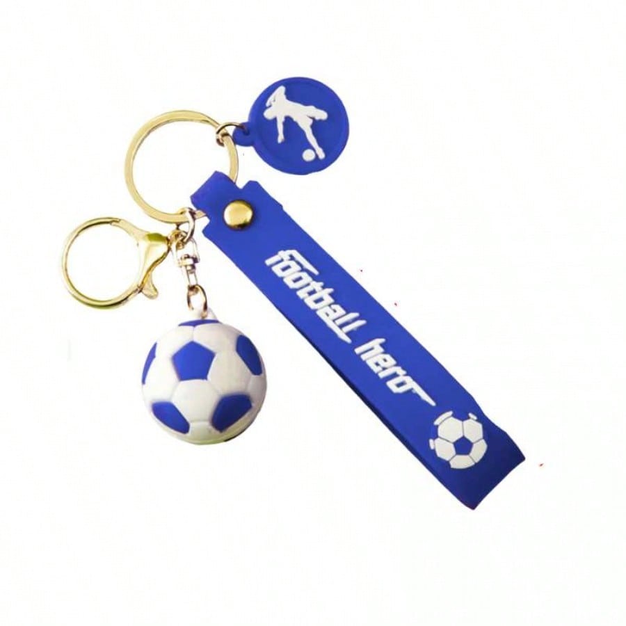 Llavero de Balón de Fútbol de Goma Suave Tamaño Pequeño - Color Azul Diseño Deportivo