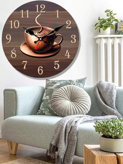 1pc 10"/12" Gold Coffee Theme Wooden Wall Clock, Round Silent Clock, Suitable For Decorating Living Room, Bedroom, Dining Room, Kitchen, Classic Home Art Decor, Office & Cafe Decor (Batteries Not Included)
