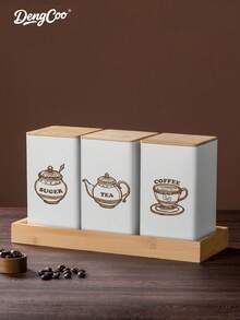 Dengcoo 1个咖啡储物罐 茶叶零食 咖啡豆储物罐 竹盖铁艺展示方形罐 - 彩色 - 查看 4