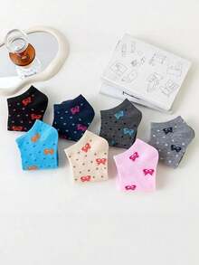 7 Pairs Women's Thin Cute Bow Breathable Moisture-Wicking Low-Cut Ankle Socks, Spring/Summer