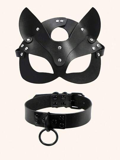 2pcs Sexy Lingerie Accessories Set: Leather Collar, Funny Mask, Couple's Seductive Eye Mask, Stage Performance Props, Alternative Toys