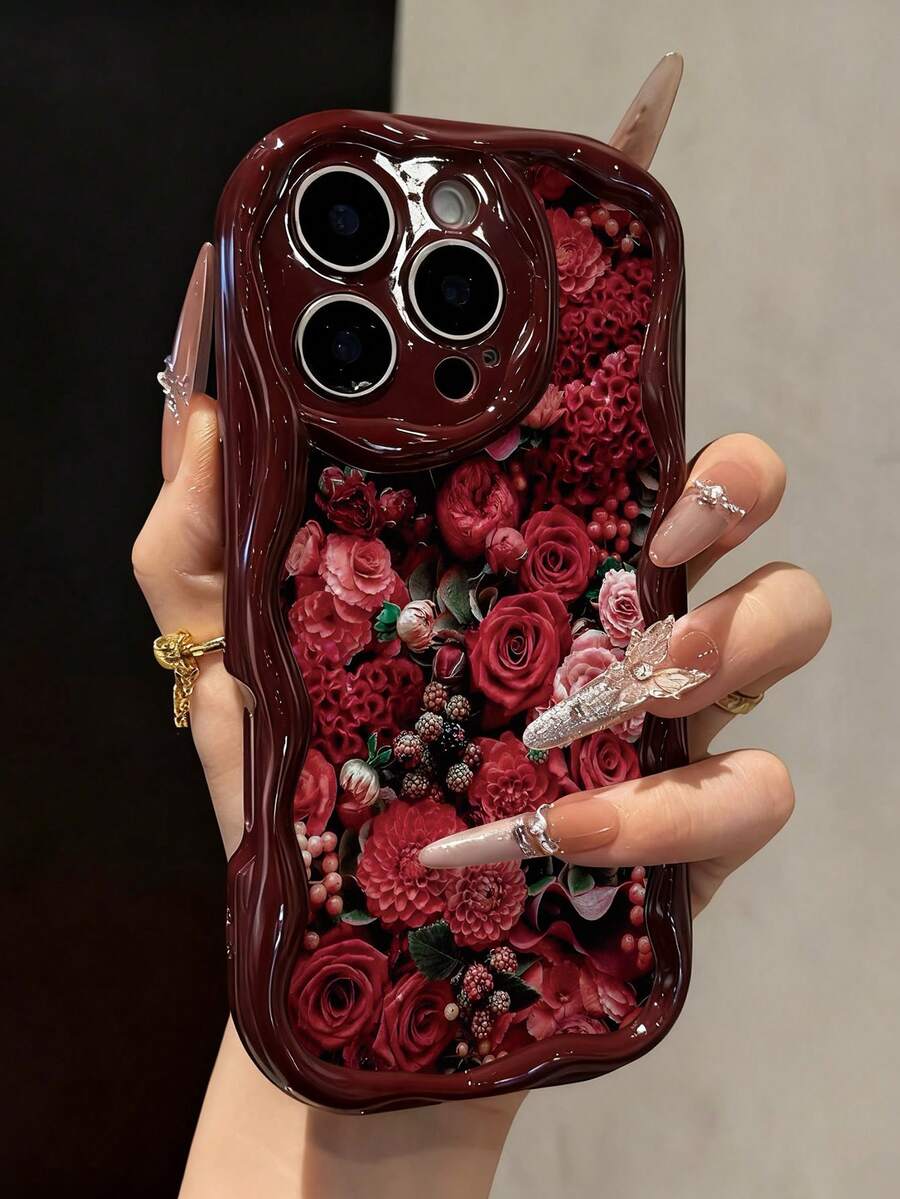 玫瑰图案新款奶油色波浪边软壳手机壳，适用于 17/17 Pro Max/ 16/ 16 Pro/ 16 Pro Max/ 15/XR/7 Pro/8 Pro/P12 Pro Max/P13 Pro Max/P14 Pro Max/P13/P14/P11/P12/P14，可爱时尚加厚保护套 - 彩色 - 查看 1