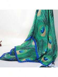 1pc Fashion Chiffon Scarf With Peacock Feather Print, Soft And Warm Neck Gaiter For Spring/Summer - Multicolor - View 4