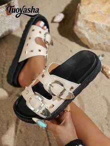Solid Color Double Strap, Rivet, New Fashion Metal Buckle Decor, Open Toe, Platform Thick Sole Slippers, Comfortable & Versatile Beach Sandals, Suitable For Daily Wear - White - View 7