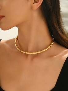 1 chiếc vòng cổ choker kim loại tối giản thời trang hình nút tre dành cho nữ, đa năng cho đeo hàng ngày, hẹn hò, đi chơi, dự tiệc, phụ kiện trang sức mới. - Vàng - Xem 3
