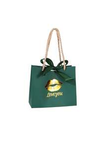 10个/1个/情人节带提手礼品袋，尺寸5.5 x 2.4 x 4.7英寸，唇形LOVE黑色迷你礼品袋，带蝴蝶结丝带，小型派对礼品袋，批量供应，适用于复活节、母亲节、情人节、送礼、婚礼等场合。 - 墨綠色-嘴唇款[手提] - 查看 12