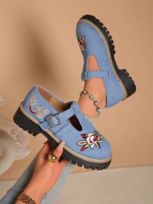 Women's Black Shiny Bow Loafers, Thick Sole British Style All-Season Shoes - Baby Blue - View 3