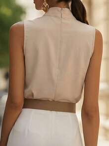 1 pieza Blusa de mujer de verano sin mangas con decoración plisada, elegante y de unicolor, adecuada para verano, vacaciones, oficina, uso diario y citas por la noche - Caqui - Ver 2