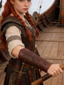 1件中世纪维京PU皮腕带，文艺复兴时期历史骑士护腕，适用于文艺复兴维京集市、角色扮演游戏、万圣节服装配饰 - D - 查看 17