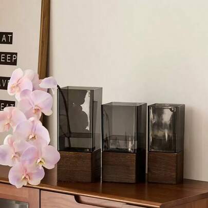 1pc-High-End Chinese-Style Square Wooden Stand Anti-Drop Acrylic Straight Tube Vase, Living Room Flower Arrangement Decorative Item, Grey Decorative Item, Living Room Flower Arrangement Table Decoration Vase