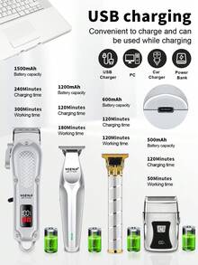 男士电动理发器套装（4件套/2件套/1件套），USB充电式理容套装，包含理发器、电动剃须刀、雕刻剪刀，多功能男士理发及胡须护理套装，多种配件，礼盒包装，理想的节日礼物 - 銀色 - 查看 5