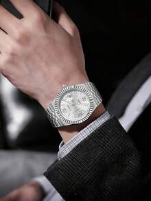 TOMI 男士石英表，配有表冠胸针戒指、不锈钢表带、蜂窝状表盘和日历功能，适合日常生活、商务场合、父亲节、情人节、圣诞节等场合，礼品套装