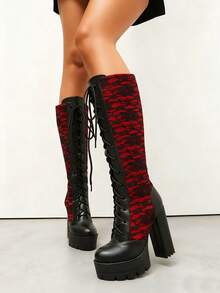 Punk Women's Knee High Boots Gothic Lace Platform Heel Chunky Heel Lace Up Boots Fashion Y2K High Heel Motorcycle Boots - 紅色 - 查看 4