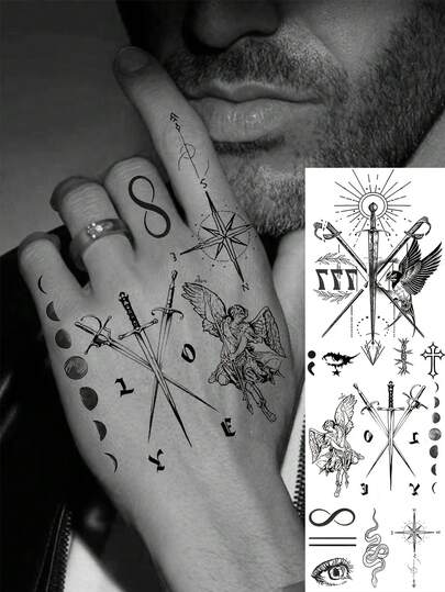 1张Y2K天使蛇箭图案临时纹身贴纸，男女成人适用，可用于手部、手指、脚部、颈部、锁骨、腰部、腿部、大腿、肩部、脚踝、前臂、小腿、半袖、手臂等部位，半永久性防水持久逼真纹身贴纸。