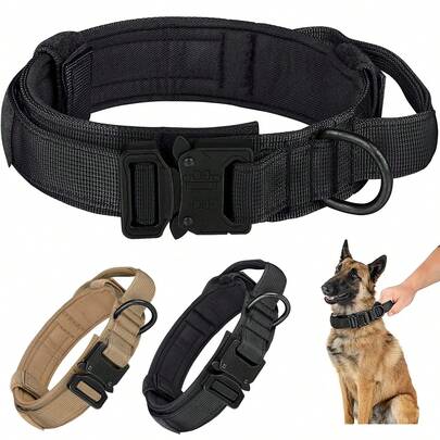 Collar táctico para perro ajustable, collar de entrenamiento militar de nailon con asa de control, hebilla de metal resistente para perros medianos y grandes. Collar de perro ajustable de alta calidad con asa, refuerzo de metal resistente, hebilla en D, almohadilla de algodón suave, collar de entrenamiento militar para perros pequeños y medianos.