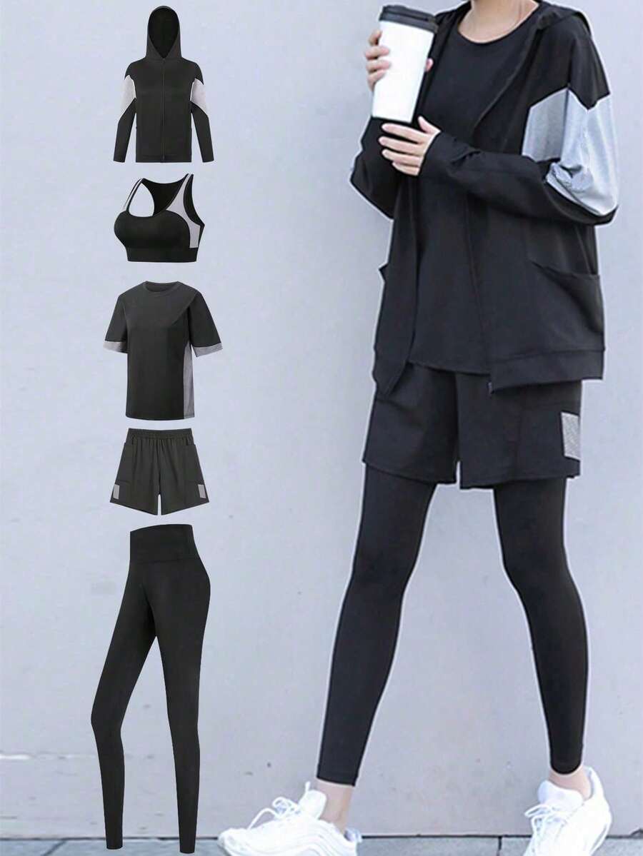 Conjunto Esportivo Feminino de 5 peças: Camiseta Solta Estilo Morcego + Camiseta Solta Esportiva + Top Esportivo + Calça para Atividades ao Ar Livre + Shorts Solto, Roupa de Academia Preta para a Primavera - Preto - Ver 1