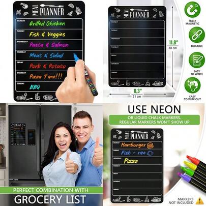 Weekly Dinner Menu Board For Kitchen A4-8.5x12 Black Magnetic Weekly Meal Planner For Fridge Dry Erase Weekly Menu Boards Magnetic Menu For Refrigerator Food Menu Boards Week Chalkboard Menu Board