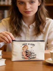 1/5pcs Floral & Book Reading Themed Canvas Zipper Storage Bags Set, Creative "You're Awesome" Motivational Gift, Suitable For Back To School, Graduation, Travel, Birthday, Anniversary, Teacher's Day, Appreciation Gifts For Classmates, Friends, Students And Teachers Makeup Bag - Beige - View 6