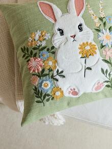 1件复活节绿色兔子与野花刺绣抱枕套，春季花卉抱枕套，适合室内装饰，春夏装饰枕套，不含枕芯 - 綠色 - 查看 5
