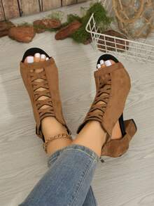 Sandalias de tacón grueso elegantes y versátiles de punta redonda con cremallera en la parte trasera, color caqui, cómodas - Caqui - Ver 1