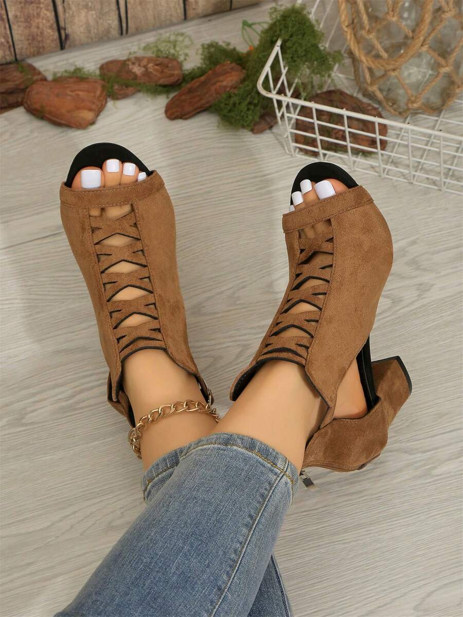 Sandalias de tacón grueso elegantes y versátiles de punta redonda con cremallera en la parte trasera, color caqui, cómodas - Caqui - Ver 1