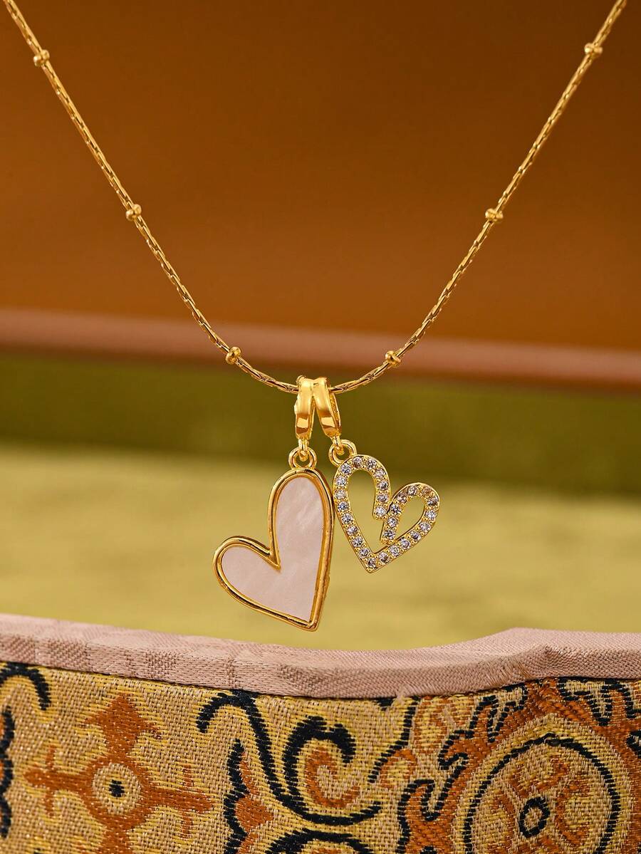 1pc 18K Gold Plated Stainless Steel Double Heart Inlaid Zirconia Necklace, Versatile, Exquisite, Luxurious Elegant, Suitable For Women's Daily And Party Wear, Gift For Girlfriend, Social Gifting, Material, Harmless, Eternal Classic Element, High-Quality Minimalist Style, Daily Wear, Valentine's Day Gift - Gold - View 1