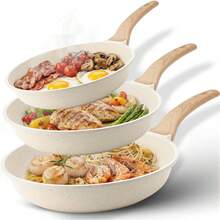 Juego de Sartenes Antiadherentes, 3 Pzas Sartenes 20 CM 24 CM y 28CM Libre de PFOA, Conducción Uniforme y Rápida para Estufas de Gas, Eléctrica, Cerámica (Negra, 20+24+28CM) - Crema - Ver 3