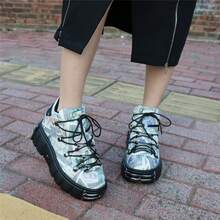 Unisex Retro Sneakers Shoes Metal Decorations Round-Toe Thick Sole Casual Shoes For Men And Women Large Size Lace-Up - 灰色 - 查看 8
