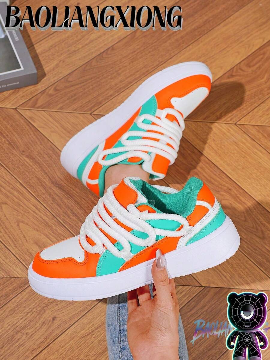 BAOLIANGXIONG Women's Low-Top Casual Shoes, CURB LEATHER SNEAKERS, Perfect Christmas Gift - 白橘綠 - 查看 1