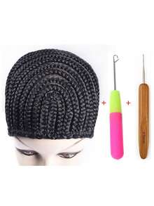 3件套编织假发帽，斜角假发帽，编织帽带，可调节帽带，适合制作假发、编织辫子 - 黑色 - 查看 1