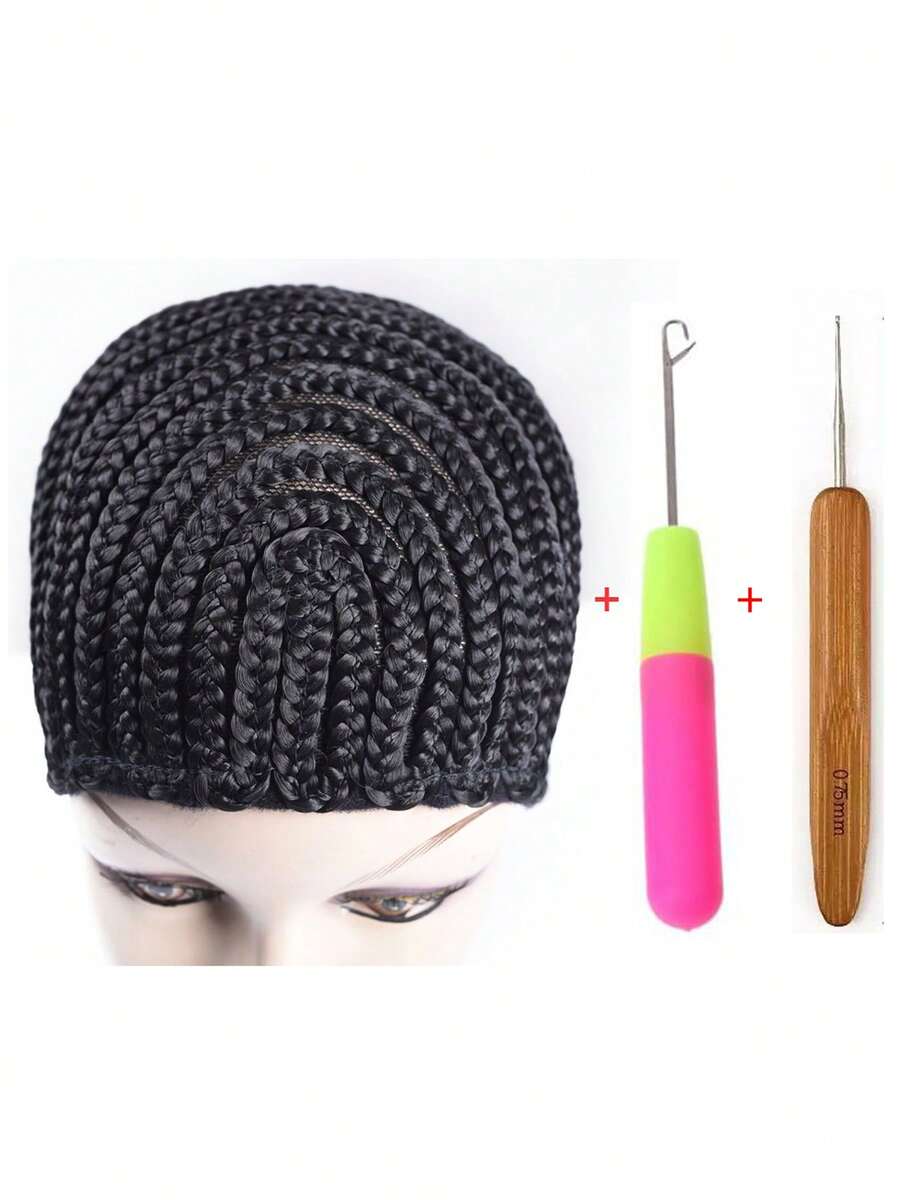 3件套编织假发帽，斜角假发帽，编织帽带，可调节帽带，适合制作假发、编织辫子 - 黑色 - 查看 1