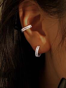 S925纯银极简立方氧化锆耳环，女士圆形耳环，精致珠宝，14K镀金，完美结婚礼物 - 銀色 - 查看 1