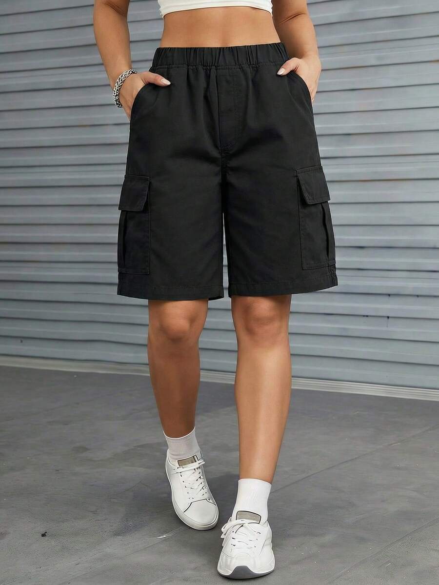 1件装少女时尚休闲宽松工装短裤，带大口袋，适合户外、运动、休闲、夏季穿着 - 黑色 - 查看 1