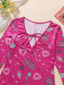 1 pieza Mono de manga larga con cuello en V sexy y cordones para mujer, silueta ajustada, mono de uso doméstico para primavera/otoño con estampado aleatorio - Rosa Fucsia - Ver 8