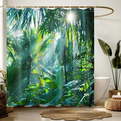 1/3pcs/4pcs Green Forest Shower Curtain, Jungle Bathroom Curtain, Tropical Plant Banana Leaf, Extra Wide Waterproof Mildew-Proof Polyester Shower Curtain With Hooks, Non-Slip Bathroom Rug, Toilet U-Shaped Mat, Toilet Lid Mat, Bathroom Decoration, Bathroom Accessories
