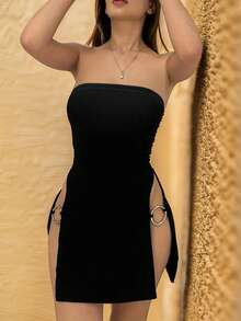 Women's Sexy Backless Summer Bandeau High Slit Round Ring Decor Short Dress, Suitable For Spring/Summer, Going Out, Dates, Parties/Galas, Nightclubs, New Year's Outfit, Black Mini Dress, Women's Birthday Outfit, Thanksgiving Women's Outfit, Cocktail Dress