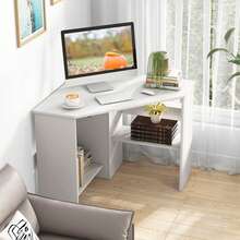 COSTWAY Corner Computer Desk Triangle Writing Workstation W/ Storage Shelf - 白色 - 查看 1