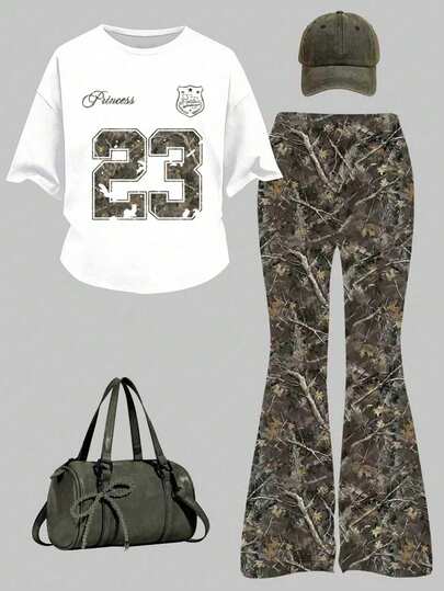 Teen Girls' Casual Fashion Street Style Numeric & Tree Print Loose Fit White T-Shirt And Flare Pants Set, Spring/Summer/Autumn