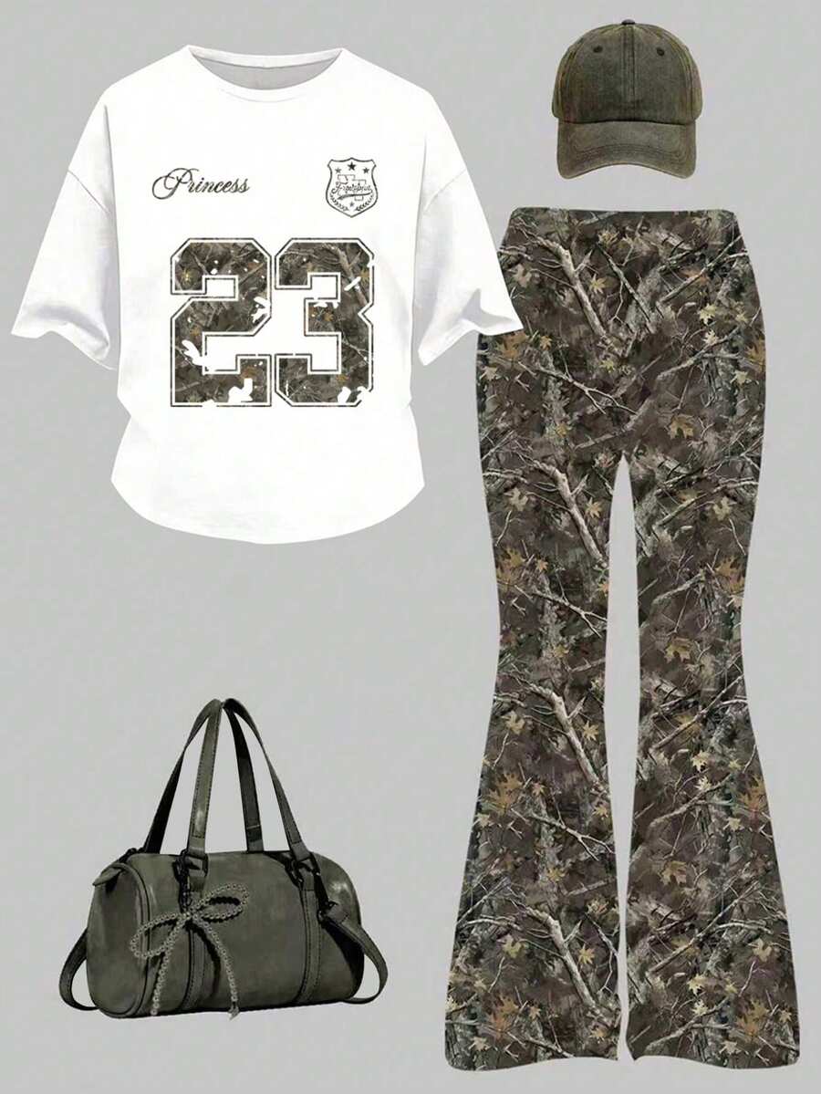 Teen Girls' Casual Fashion Street Style Numeric & Tree Print Loose Fit White T-Shirt And Flare Pants Set, Spring/Summer/Autumn - White - View 1