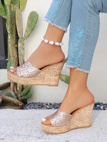 2026 Women's New Shiny Wedge Heel Sandals, Fashion Thick Bottom Slip-On Open Toe Casual Slippers - Pink - View 7