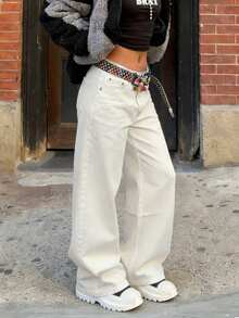 Women's Mid-Waist Apricot Street Wide Leg Jeans - Versatile & Stylish Denim For Daily Outings And Photo Shoots - Apricot - View 3