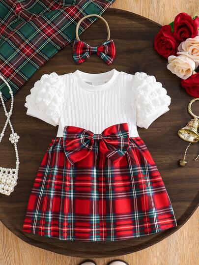 一件舒适女婴夏季连衣裙，幼儿女童可爱格子泡泡袖荷叶边连衣裙，新生儿婴儿简约休闲公主裙，适合0-1-2-3岁、6-9个月的宝宝，户外、日常玩耍、休闲、派对、节日礼物