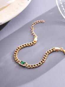 1pc Fashionable Minimalist Copper Alloy Chain With Single Sparkling Green Cubic Zirconia Stone, Suitable For St. Patrick's Day, Parties, And Daily Wear, Unique And Premium Girl Jewelry Bracelet - Gold - View 4