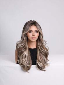 Peluca de fibra sintética marrón mezclada con flequillo para mujer, hecha de material de fibra resistente al calor, diseño de estilo vacacional con redecilla de rosa, adecuada para ocasiones para principiantes - Marrón degradado - Ver 5